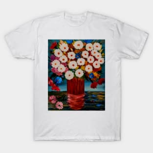 A beautiful bouquet flowers in a red metallic glass and gold vase . T-Shirt